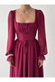Women's Burgundy Chiffon Corset Tie-Up Square Neck Long Sleeve Long Dress - 5