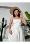 Women's Ecru Strappy Scallop Textured Square Neck Gathered Waist Long Dress
