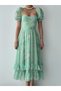 Women's Green Floral Patterned Square Neck Balloon Sleeve Fitted Waist Ruffle Midi Dress - 2