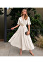Linen Fabric Buckle Detailed Belted Midi Dress - 3