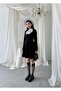 Women's Black Mini Dress Lace Collar Pearl Buttoned Long Sleeve Flared Atlas - 8
