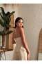 Women's Beige Top and Bottom Set Strapless Button Detailed Pocketed Vest Wide Leg Pants Set - 2