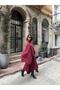 Women's Burgundy - Bordo Bottom - Top Set Knitwear Set Shawl Collar Asymmetrical Poncho Top and Midi Skirt - 3