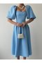 Women's Baby Blue Midi Dress Square Neck Balloon Sleeves Pleated A-Line Woven - 2