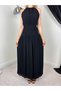Women's Black Halter Neck Backless Maxi Dress with Gathered Waist Detail - 3