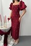 Women's Burgundy Dress Midi Square Neck Balloon Sleeves Beaded Embroidery Pencil Cut - 4