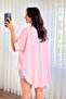 Women's Pink Short Sleeve Tie-Up Kimono Cut Flowy Shirt Collar Blouse - 5