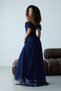 Navy Blue Strapless Boat Neck Long Flared Lace Evening Dress - 7