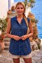 Dark Blue Judge Collar Sleeveless Buttoned Embroidered Casual Cotton Woven Blouse 70 60 - 6