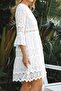 100% Cotton V-Neck Embroidered Short Dress Ecru 1 M39670 - 6