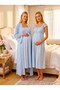 New Season Blue Lace Detailed Buttoned Design Wide Strap 100% Cotton Maternity Nightgown Set - 8
