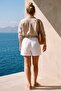 White Pocketed Pleated Belted Elastic Waist Double Leg Casual Linen Look Woven Shorts 50 63 - 8