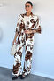 Brown Women's Patterned Kimono Pants Double Set