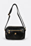 Women's Black 4-Compartment Soft Leather Covered Gold Color Clover Zipper Crossbody and Shoulder Bag - 5