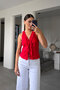 V-Neck Ruffled Blouse - Red - 3