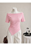 Women's Boat Neck Side Gathered Asymmetrical Hem Stylish Blouse - 2