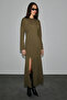 Visser Women's Soft and Flexible Fabric Off-Shoulder Round Neck Front Slit Khaki Dress - 4