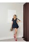 Women's Navy Blue V-Neck Shoulder Tie Buttoned Mini Denim Dress with Balloon Skirt - 2