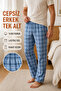 Men's 100% Cotton Plaid Patterned Turquoise Color Comfortable Nightgown Pajama Bottoms