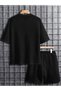 Men Black Waffle Knit T-Shirt and Shorts Set - 2