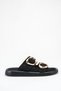 Belavia Black Suede Women's Daily Double Striped Gold Buckle Detailed Stylish Flat Sole Slippers - 5