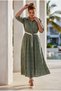 Italian Khaki Shirt Collar 3/4 Sleeve Lined Belted Casual Scalloped Long Woven Dress 130 58 - 6