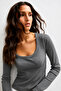 Women's Anthracite Color, Long Sleeve, Deep Pool Neck Blouse, Ribbed Camisole Fabric - 2