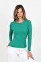 Women's Green Long Sleeve Ribbed Crew Neck Basic T-Shirt - H6161 - 3