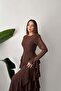 Women's Brown Chiffon Long Sleeve Round Neck Flounce Maxi Dress - 4