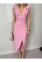 Women's Pink Double-Breasted Collar Button Detailed Slit Midi Pencil Dress - 4