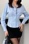 Women's Baby Blue Shirt Long Sleeve Shirt Collar Pleated Pocket Buttoned Cotton Poplin - 4