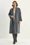 Women's Bearded Soft Textured Double-Breasted Collar Lined Smoked Coat with Belt and Pocket Detail