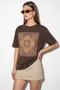 Women's Ethnic Patterned Bead Embroidered Print Detailed Oversize t Shirt Brown - 2