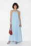 Women's Beaded Strap Detailed Halter Neck Pocket Flowy Maxi Baby Blue Dress