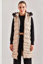 Women's Hooded Fur Pocket Patterned Long Beige Vest - 4