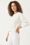 Women's Crew Neck Sweatshirt with Pearl Buttons on the Front, Three-Thread Ribbed Ecru Sweatshirt - 2