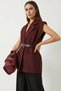 Women's Pocket Detailed Belted Padded Oversize Lined Burgundy Vest - 2