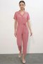 Women's Shirt Collar Belted Short Sleeve Dusty Rose Jumpsuit - 3