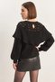 Women's Ruffled Openwork Detailed Balloon Sleeve Ribbed Knitwear Black Sweater - 8