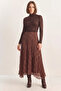 Women's Square Patterned Pleated Lined Chiffon Brown Green Skirt - 4