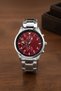 Men's Silver Metal Band Wristwatch – Sporty Classic Design with Burgundy Dial Chronograph Look - 7
