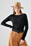 Women's Basic Boat Neck Black Long Sleeve Blouse - 2