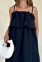 Navy Blue Spaghetti Neck Pleated Front Dress - 3