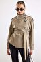 High Collar Epaulettes Detailed Water Repellent Short Trench Coat Stone 6883 - 3
