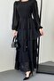 Black Sleeve Lace Detailed Lined Layered Chiffon Dress - 2