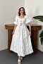 White Balloon Sleeve Three-Button Belt Detailed Dress