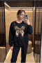 Black 100% Cotton Beaded Embroidered Bow Patterned Sweatshirt
