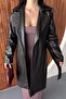 Women's Belted Faux Leather Trench Coat Double-Breasted Collar Long Leather Jacket - 7