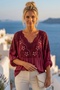 Italian Burgundy Lace Collar 3/4 Sleeve Lined Elastic Waist Sequined Silk Woven Blouse 65 70 - 8