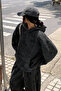 Washed Black Washed 3 Thread Oversize Hooded Premium Sweatshirt with Elastic Cuffs Shalwar Tracksuit Set - 2